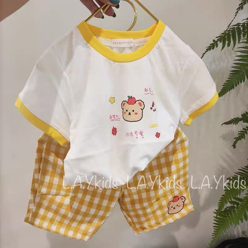 Set Coton Gấu Nhật Kẻ Caro Vàng Kute