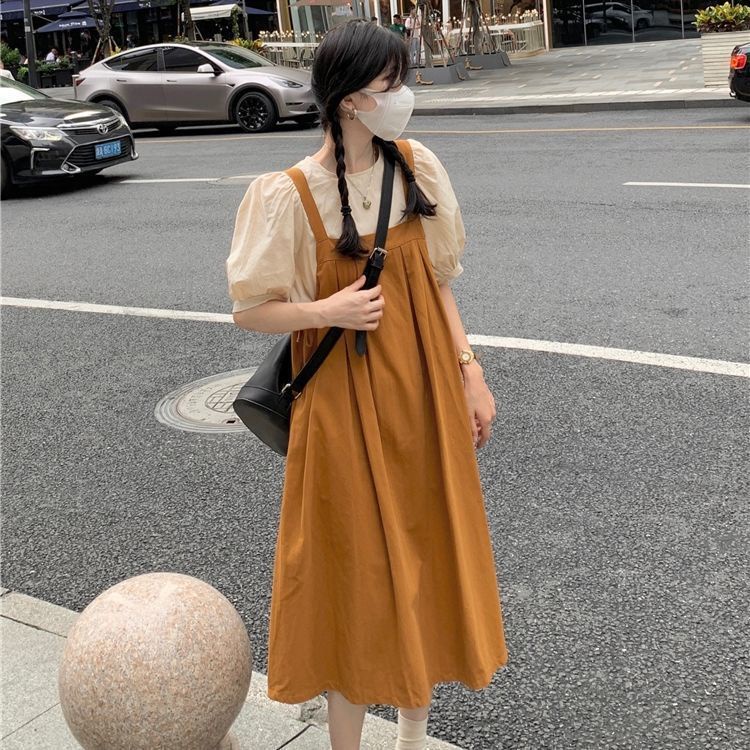 Đầm Hai Dây Dáng Rộng Tay Phồng Phong Cách Hàn Quốc Thời Trang Cho Nữ