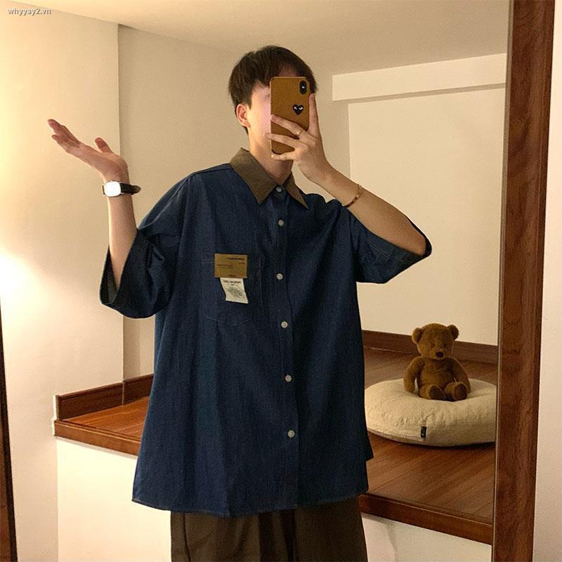 Áo sơ mi denim nam tay ngắn thiết kế dáng rộng phong cách retro Mỹ thời trang mùa hè mới 2021