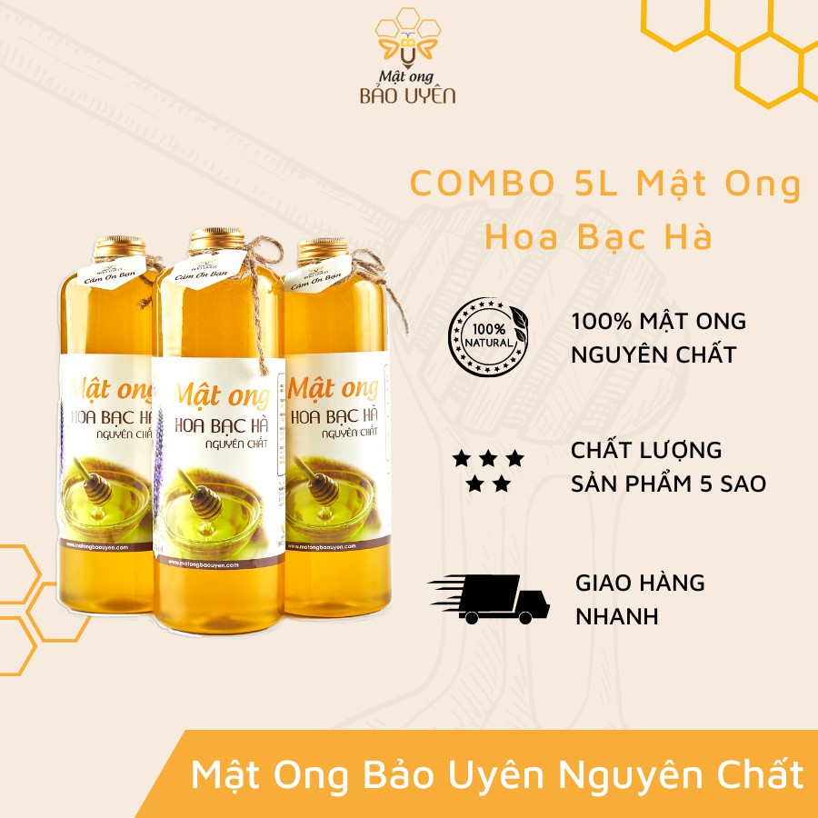 Combo 3 Chai Mật Ong Hoa Bạc Hà Nguyên Chất Bảo Uyên Bảo Vệ Sức Khỏe Hỗ Trợ Miễn Dịch Dung Tích Chai 1 Lít