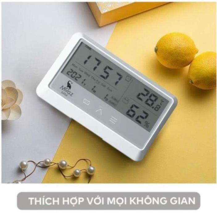 Nhiệt kế đo độ ẩm và nhiệt độ phòng, đồng hồ báo thức Moaz Bebe MB-027