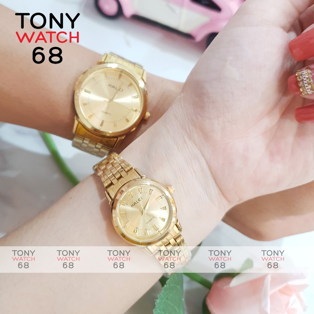 Đồng hồ cặp đôi nam nữ Halei mặt đen dây da kim loại chính hãng Tony Watch 68