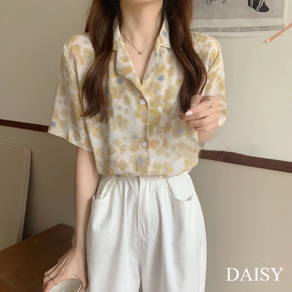 Áo sơ mi croptop ngắn tay cổ vest nền hoa Daisy chất liệu lụa Hàn mềm mịn cực thoáng mát SXA9910