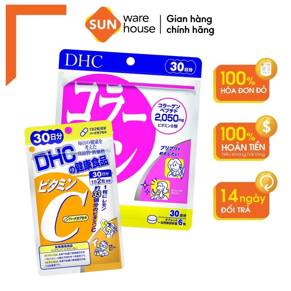 Combo Viên Uống DHC Vitamin C Và DHC Collagen Dưỡng Trắng, Giúp Da Sáng Mịn Màng, Tràn Sức Sống 30 Ngày