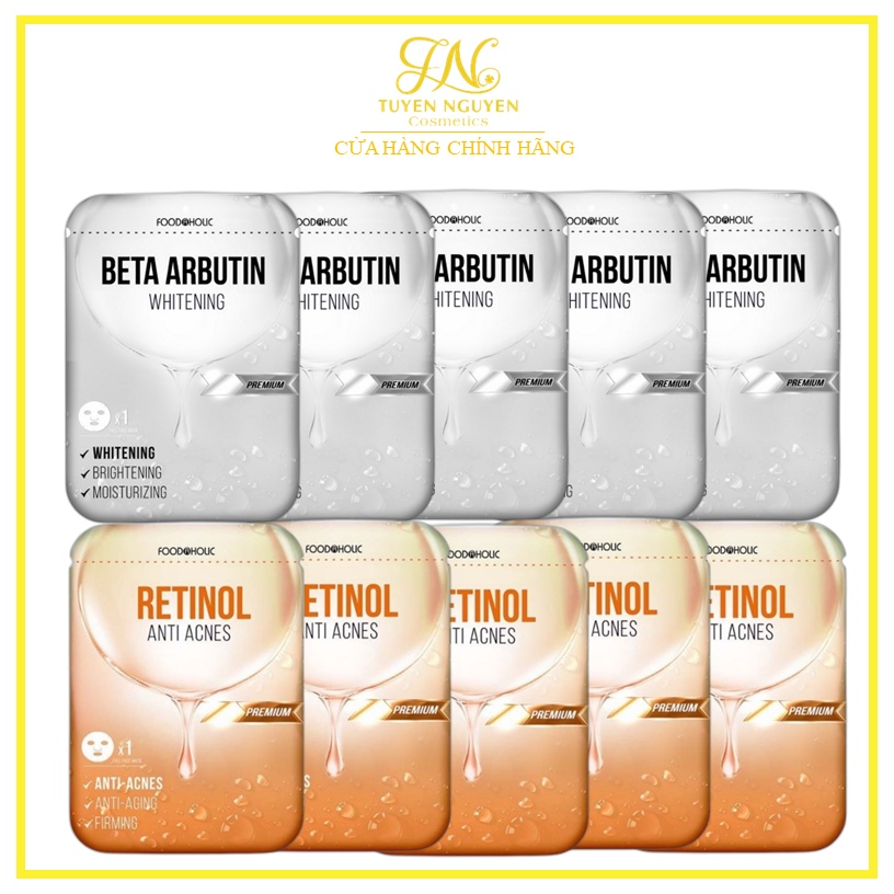 Combo 10 Mặt nạ Foodaholic ngừa mụn trắng da 5 Retinol - 5 Beta Arbutin