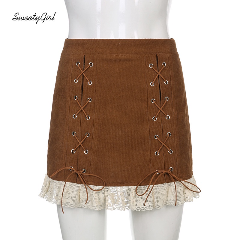 Chân Váy Mini Viền Ren Lưng Cao Phối Dây Rút Thời Trang Cho Nữ 2022