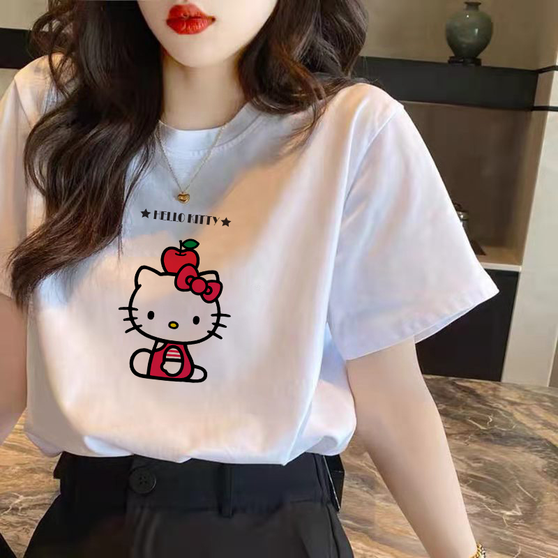 Áo Thun Tay Ngắn Cổ Tròn Dáng Rộng Màu Trơn In Hình Hello Kitty Phong Cách Harajuku Thời Trang Mùa Hè M-4Xl