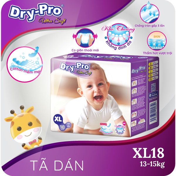Tã/bỉm dán Dry-Pro siêu mềm nhập khẩu Malaysia size XL (13kg - 15kg) - Gói 18 miếng