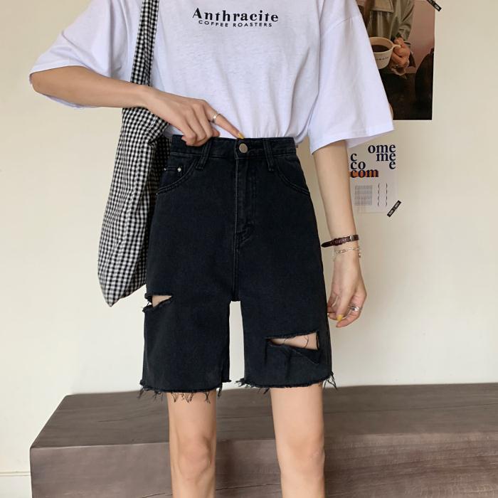 Quần Short Denim Rách Màu Đen Lưng Cao Phong Cách Hàn Quốc Cổ Điển Thời Trang Mùa Hè Cho Nữ