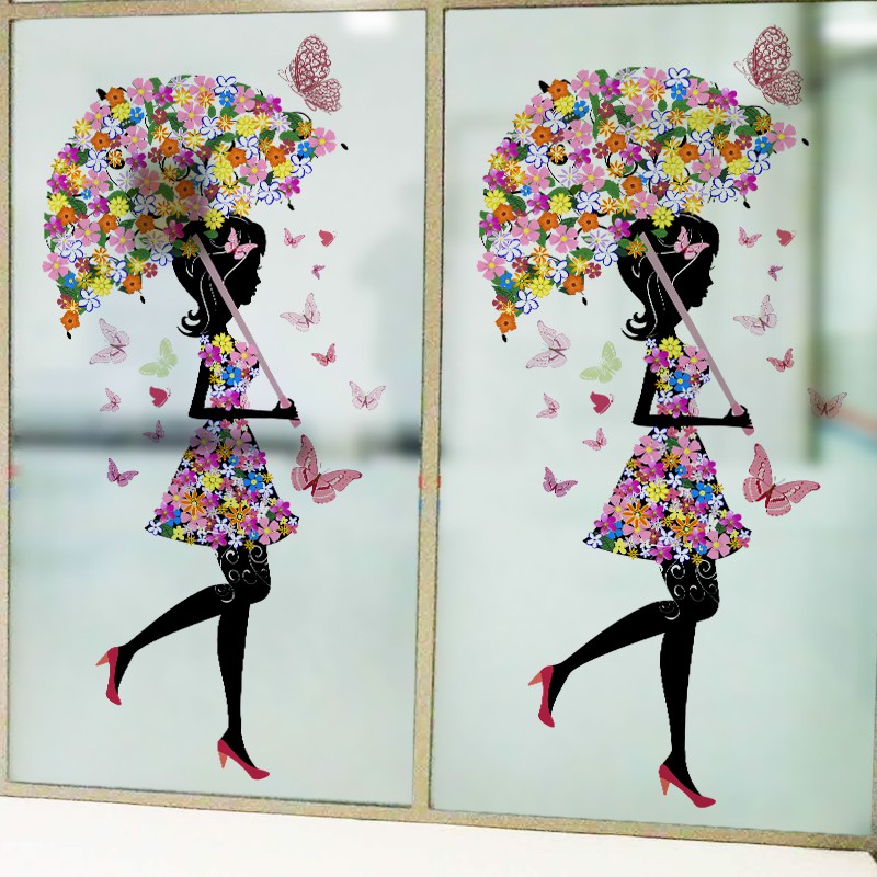 Decal dán kính cao cấp - Cô Gái Cây Dù Hoa ( 60x116cm )