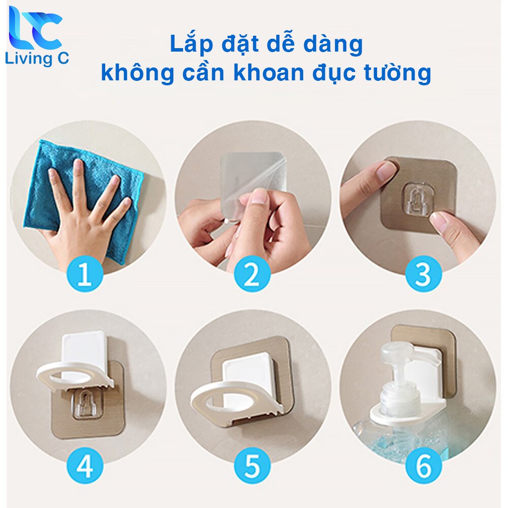 Giá móc treo chai nước rửa tay , dầu gội đầu sữa tắm dán tường Living C siêu dính chịu lực 3kg _TC