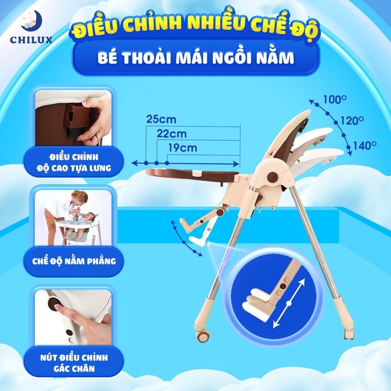 Ghế ăn dặm Chilux S, ghế ăn dặm cho bé Chilux Grow S Điều chỉnh độ cao linh hoạt, ngả lưng 5 cấp độ