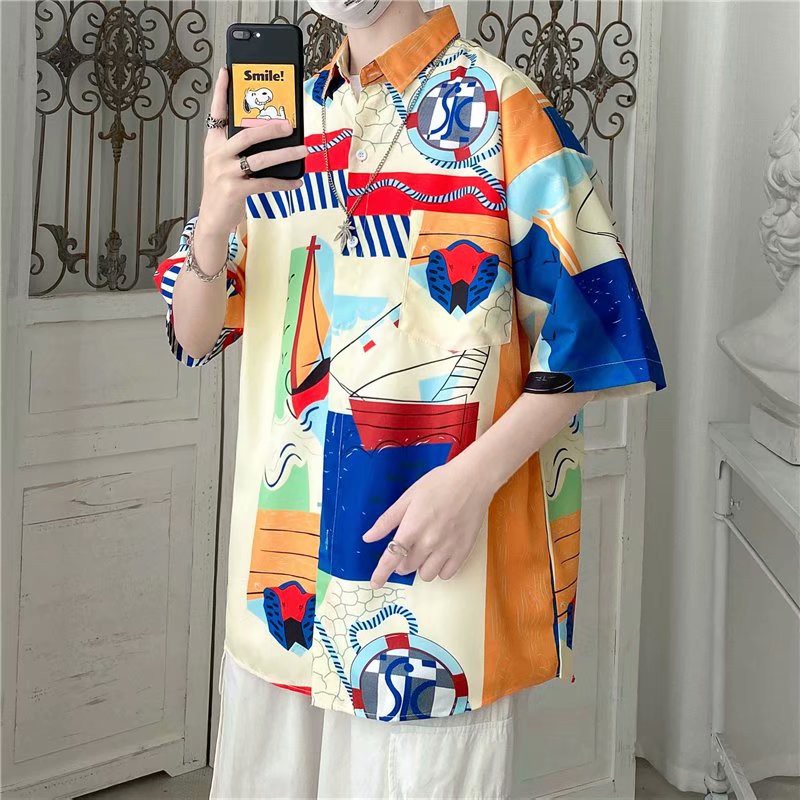 Áo sơ mi tay ngắn in họa tiết thời trang đi biển Unisex-02