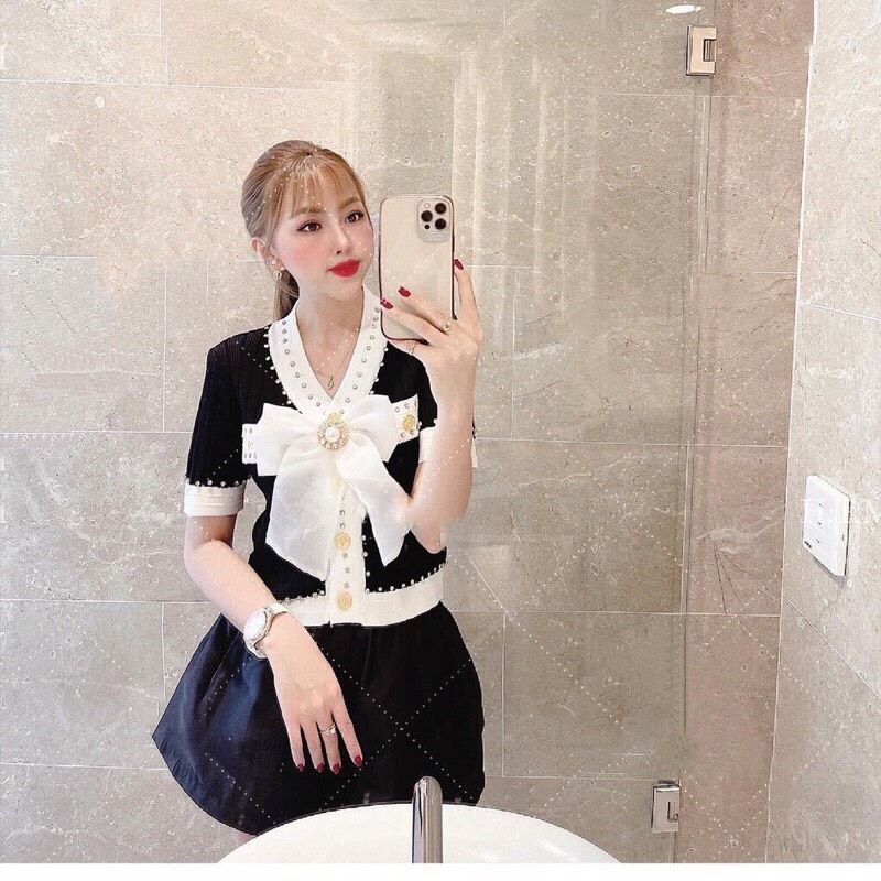 Áo Len nữ cộc tay viền đính đá kèm tag nơ hàng QC