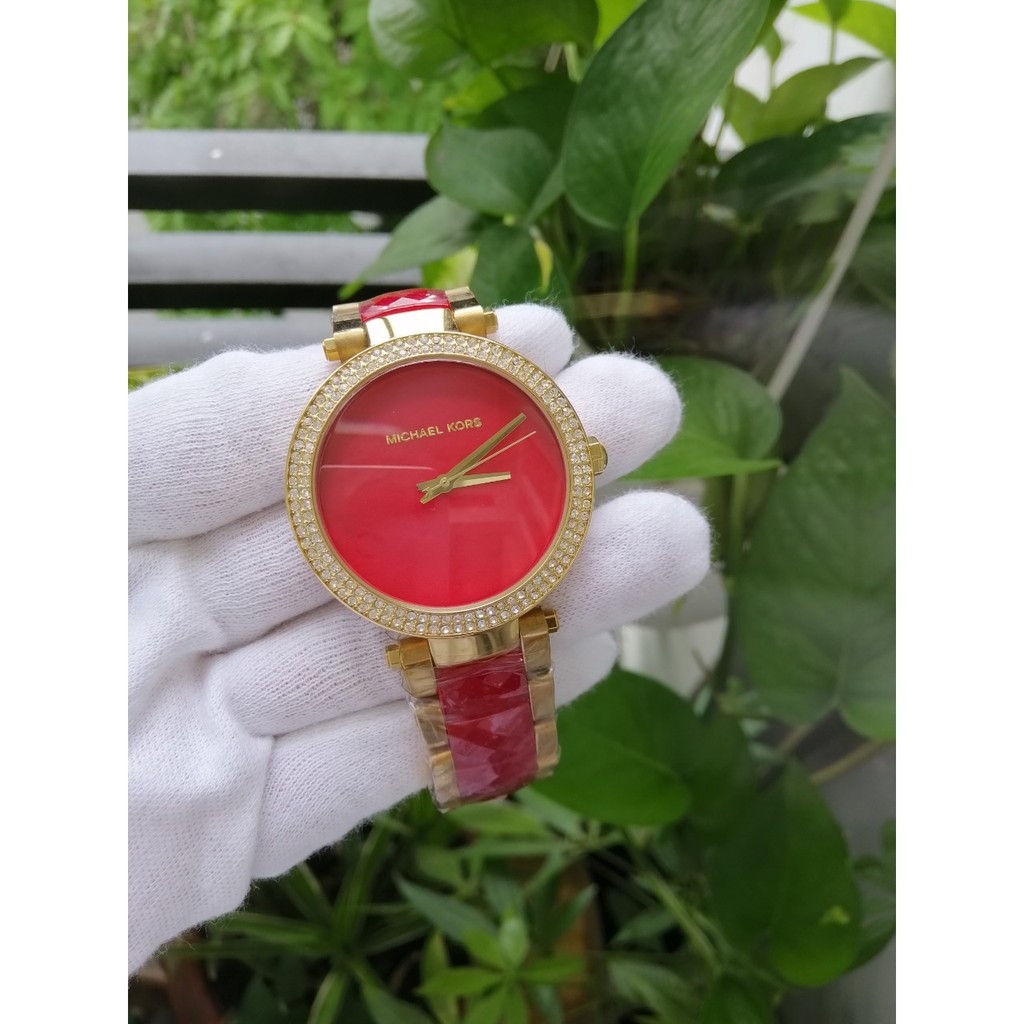 ĐỒNG HỒ NỮ MICHAEL KORS PARKER MK6427 RED DIAL DIAMOND- SIZE 38MM DÂY THÉP KẾT HỢP NHỰA GIẢ ĐÁ - FULLBOX