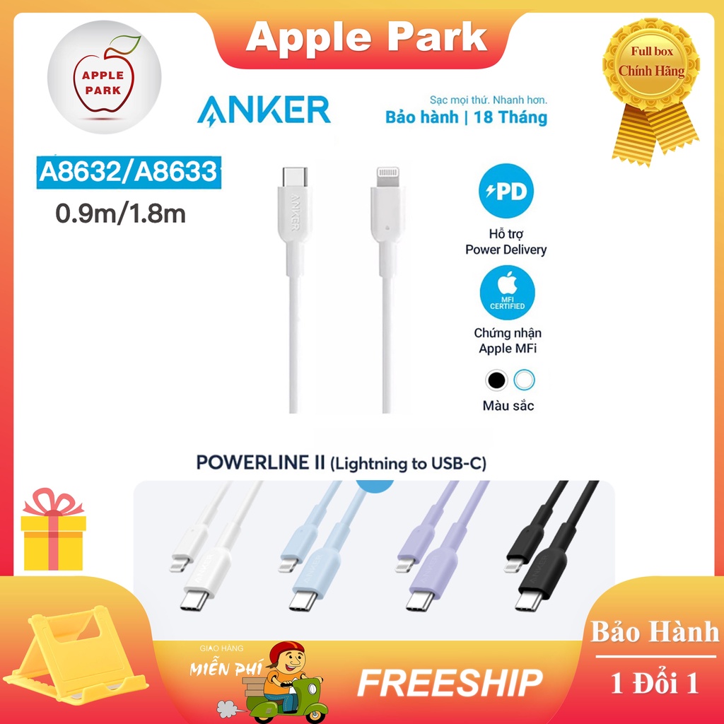 Cáp Sạc Nhanh Anker A8632 0.9m/A8633 1.8m PD 20W,Sạc Nhanh Type-C to Lightning,Bảo Hành 18T