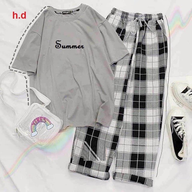 Sét Bộ Quần Áo Ulzzang Girl Style Nữ Ngắn Tay Mặc Đi Chơi, Áo Xám Cotton In 3D Chữ Summer Mix Quần Ống Rộng Kẻ