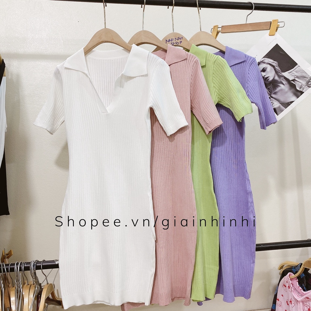 Váy len tăm cổ bẻ dáng ôm ngắn tay, Đầm len sexxy co giãn tay cộc VS9012 - NhiNhi Shop