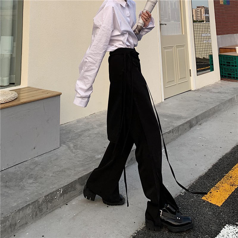 Quần ông suông kèm vạt váy QINNI quần ống rộng đen phối phong cách | BigBuy360 - bigbuy360.vn