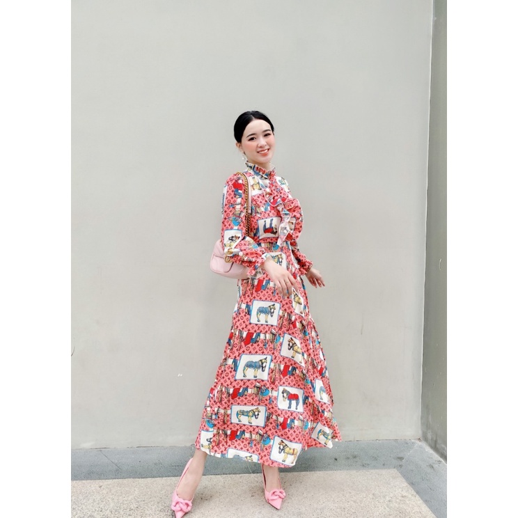 (Free ship) Mẫu Cực HOT-- Mẫu THiết Kế Hợp Thời Trang | Đầm Lụa Cổ Cao Tay Dài In Họa Tiết  UP VLTN Shop