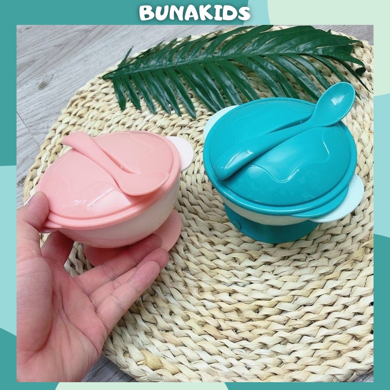 Bát ăn dặm chống lật có nắp đậy kèm thìa cho bé bunakids AD02