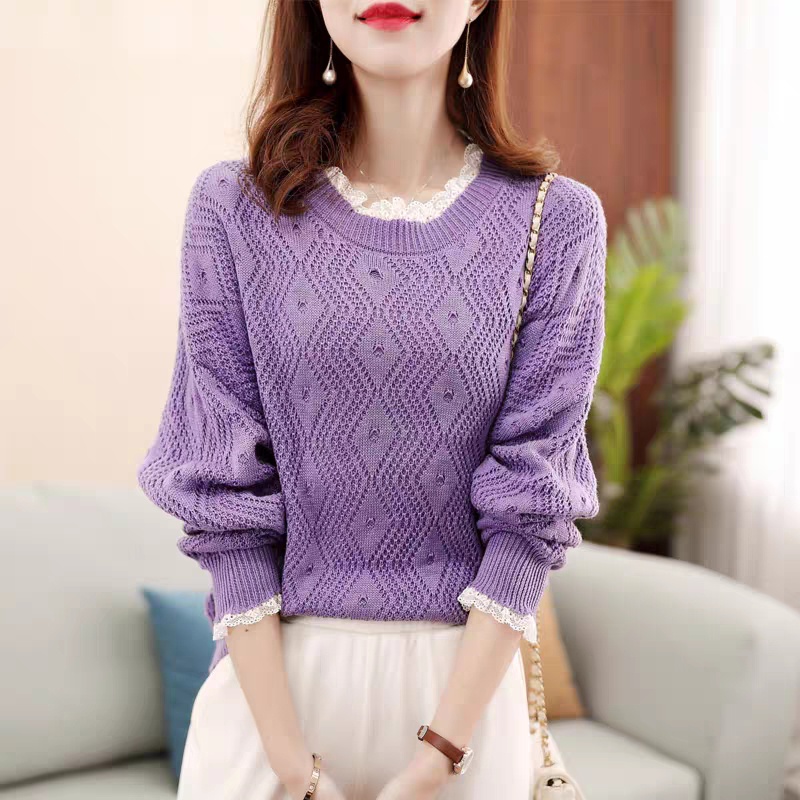 Áo len nữ phom dáng rộng chất dày cổ tròn pha ren chui đầu phong cách Hàn