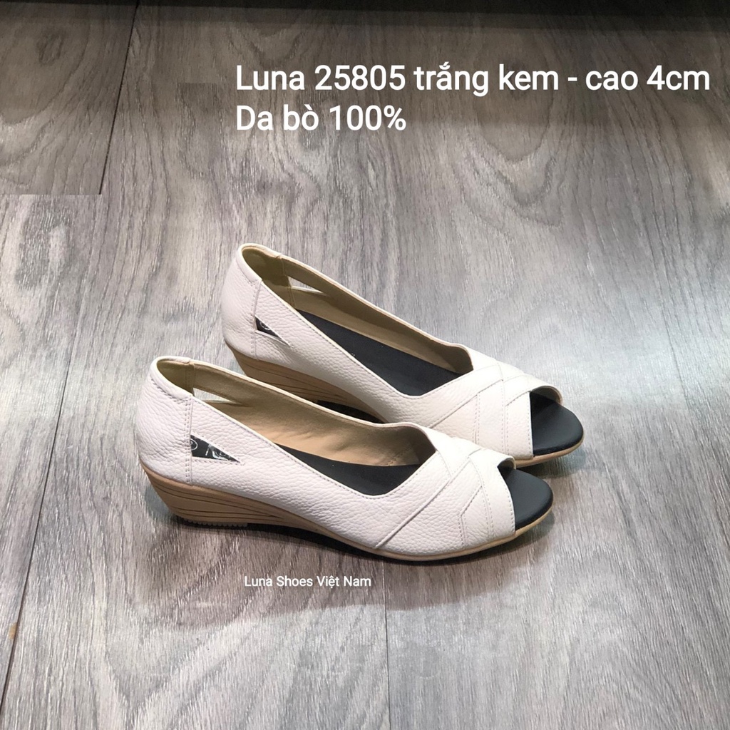 Giày đế xuồng nữ 4p da bò mềm êm chân màu trắng Lunashoes 25805 hở mũi da thật cao cấp dễ đi kiểu Hàn quốc nhiều màu