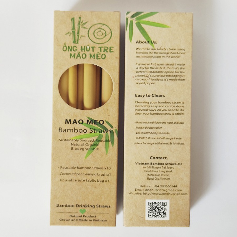 Ống hút tre xuất khẩu | Hộp 10 ống kèm cọ rửa và túi đựng Mão Mèo Bamboo Straws.