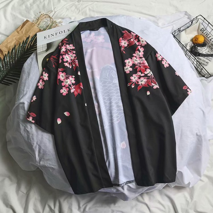 Áo Khoác Cardigan Nam Nữ dáng Kimono Haori Cá KOI Cá Chép màu đen trắng phong cách Nhật Bản Cosplay cho các tín đồ Anime