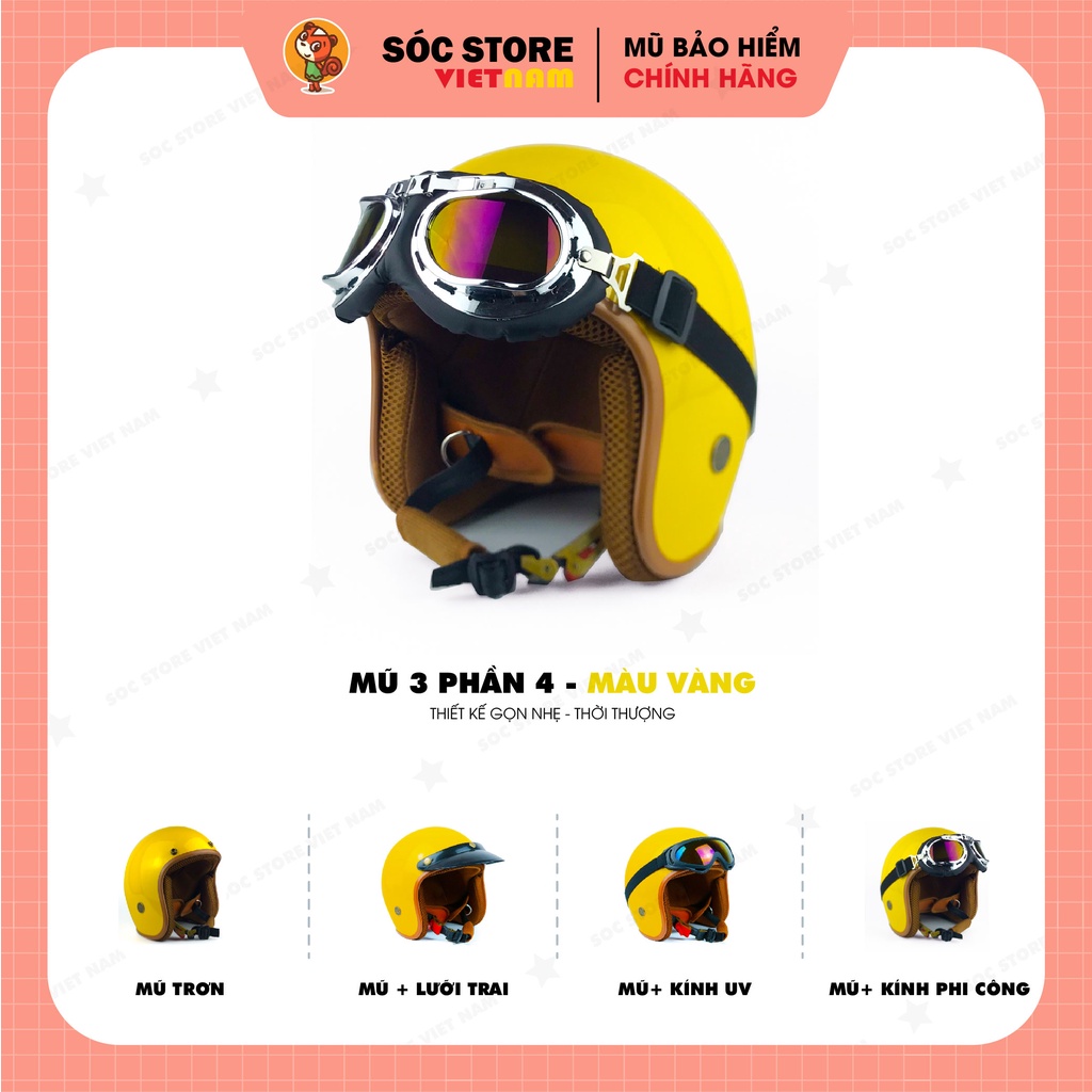 Mũ bảo hiểm 3 phần 4 chính hãng màu vàng Sóc Store, nón bảo hiểm 3 phần 4 nam nữ freesize