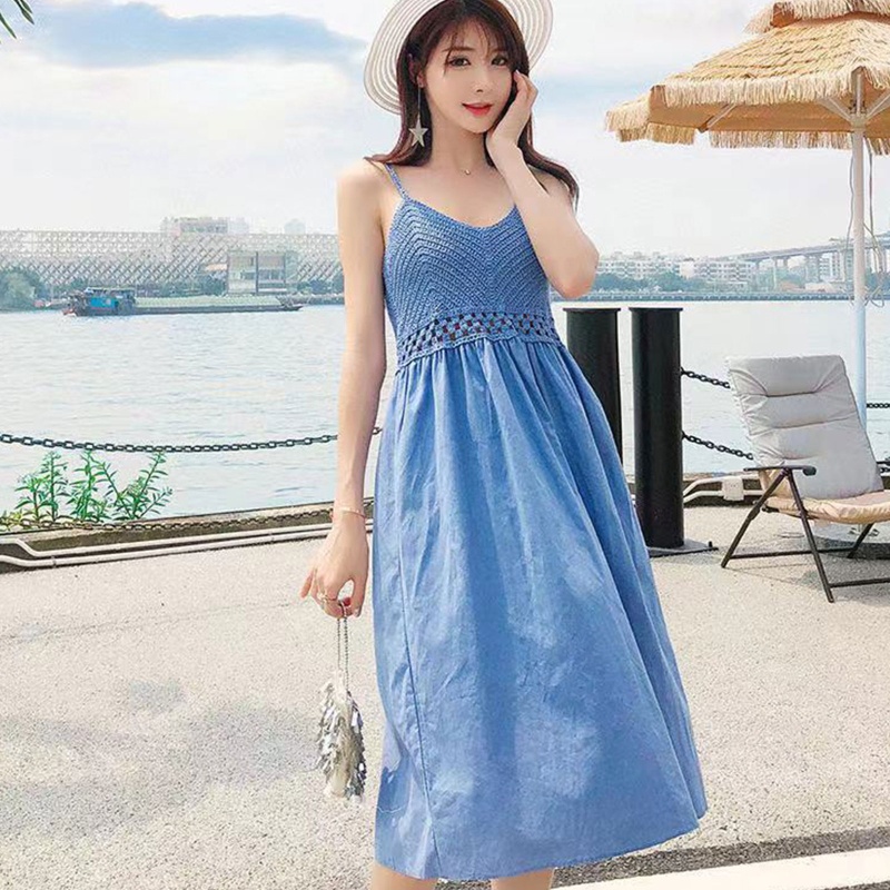 Đầm Midi Hai Dây Dáng Chữ A Lưng Cao Thời Trang Đi Biển Cho Nữ