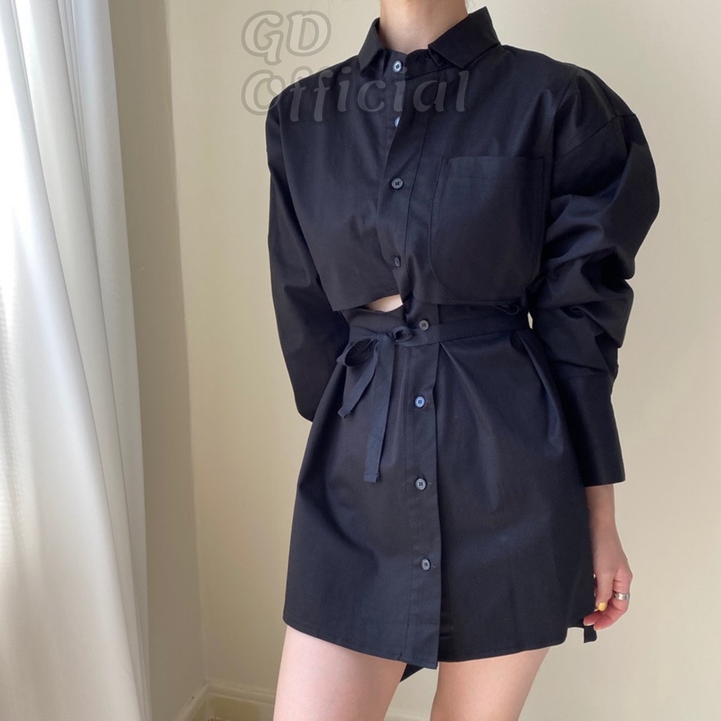 D9|Đầm váy sơ mi cổ vest polo tây âu công sở khoác nữ thắt buộc eo ngắn dài tay dáng rộng thụng suông GD Official
