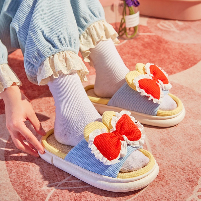 Dép Cotton Lanh Đế Dày Đính Nơ Chống Trượt Thời Trang Mùa Hè Cho Nữ