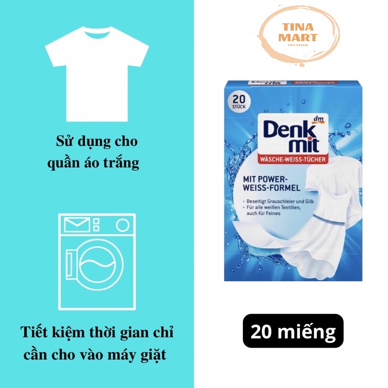 Giấy tẩy trắng quần áo Denkmit giúp tăng độ trắng sáng hộp 20 miếng - hàng chính hãng  nội địa Đức