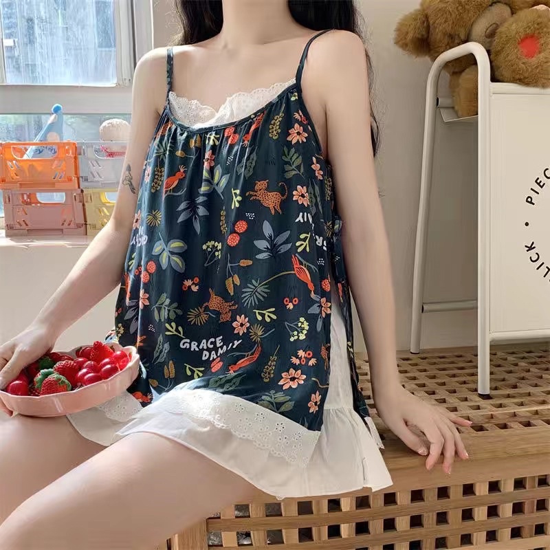 bộ ngủ mùa hè áo hai dây + quần short hoa nhí mát mẻ