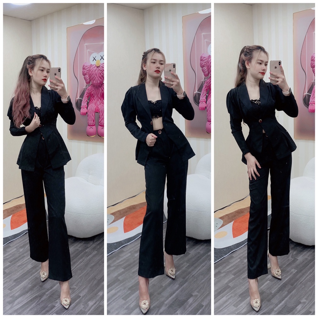 Set vest tay dài một nút chít eo kèm quần tây chất kaki thun siêu thoáng mát, thoải mái