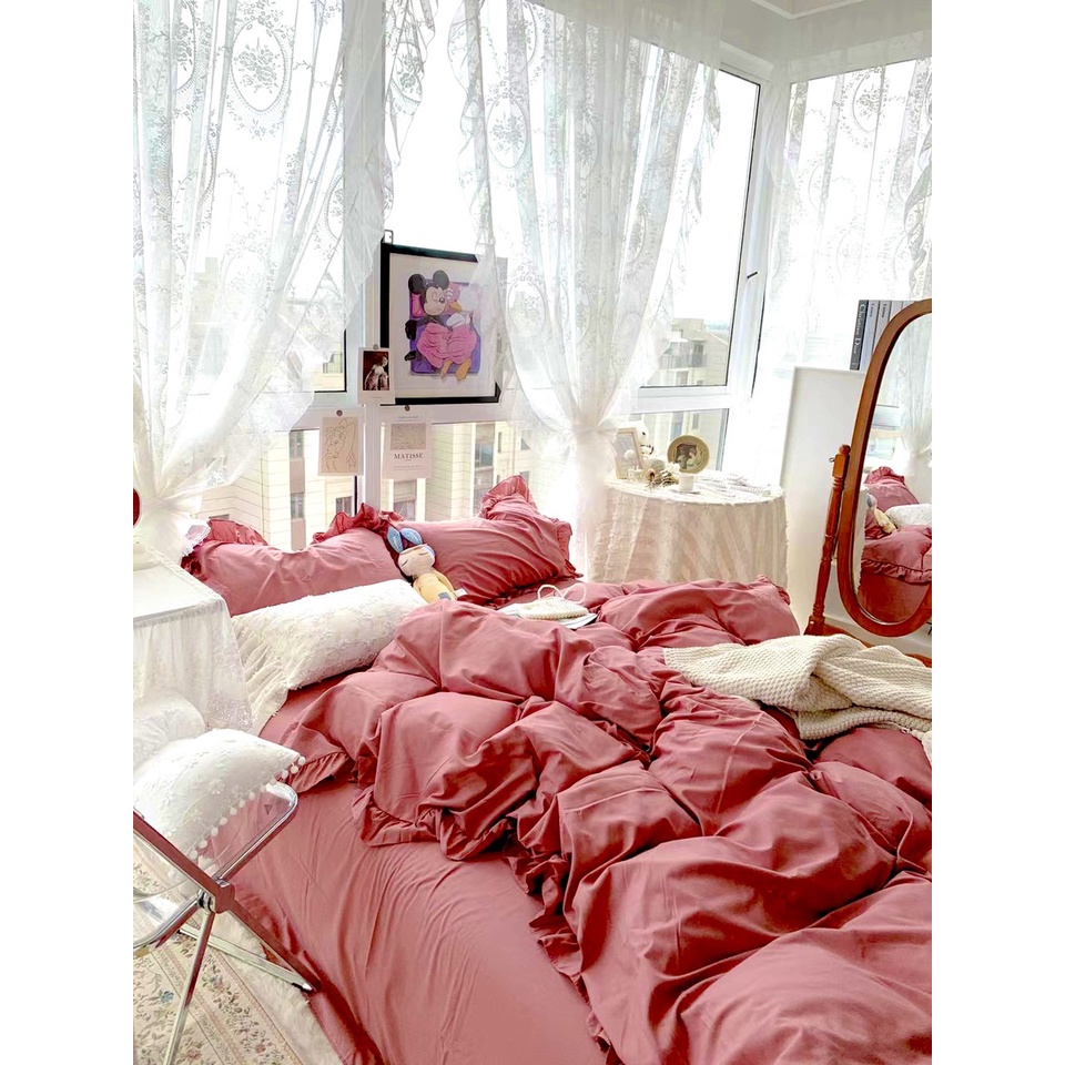 Bộ chăn ga gối cotton bèo chất mát, chăn ga gối cotton tici Loại 1 dầy dặn thoáng mát không phai màu, không xù, miễn phí