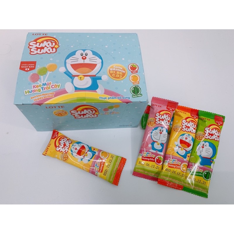 HỘP 30 QUE KẸO MÚT TRÁI CÂY DORAEMON SUKU SUKU LOTTE vị Cam - Dâu - Dưa hấu 30 x 8g