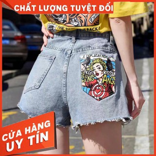Quần short jean nữ gấu quần tua rua túi sau in hình cô gái kissll ang /hình thật