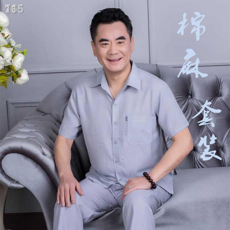【giá rẻ】Đồ bộ cotton vải lanh ngắn tay phù hợp cho bố, nam trung niên cao tuổi vào mùa hè