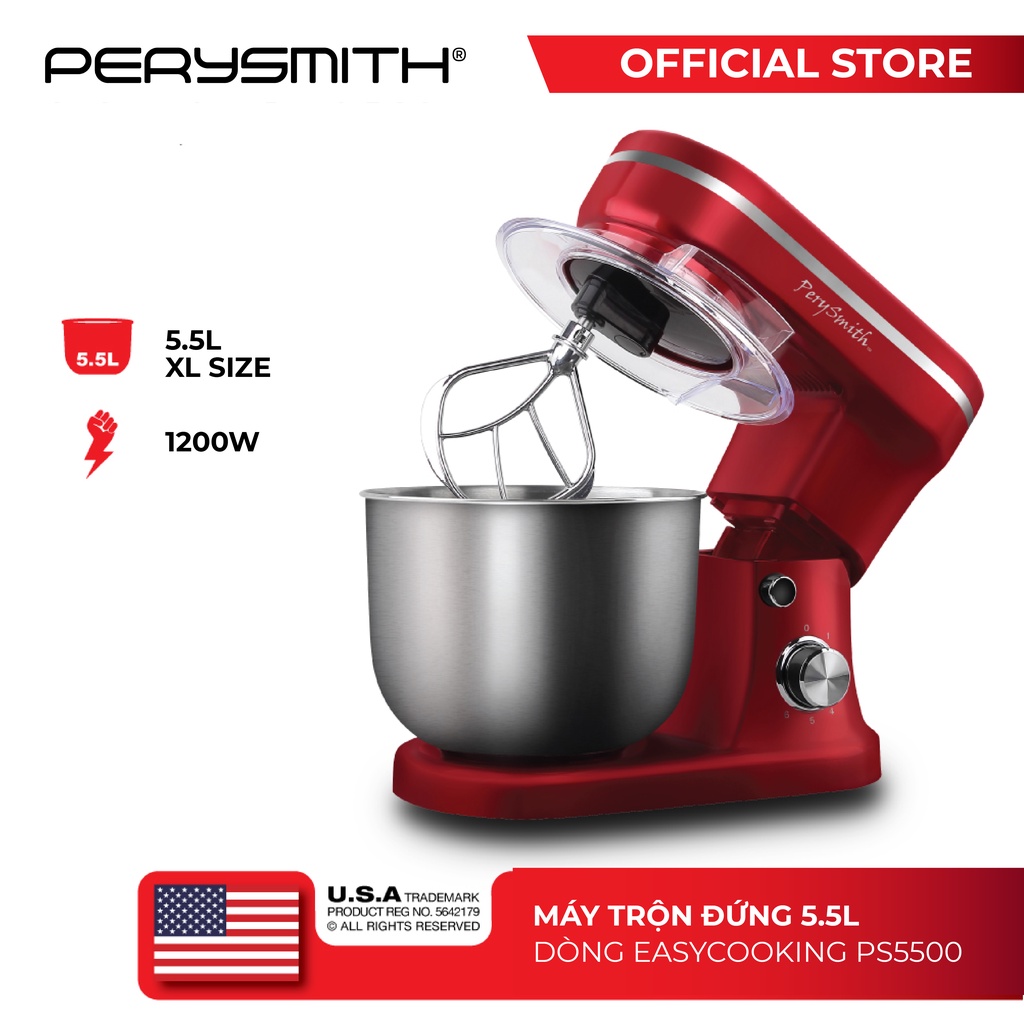 Máy nhào bột đánh trứng đa năng PerySmith PS5500 dung tích 5.5 lít, 6 chế độ điều chỉnh