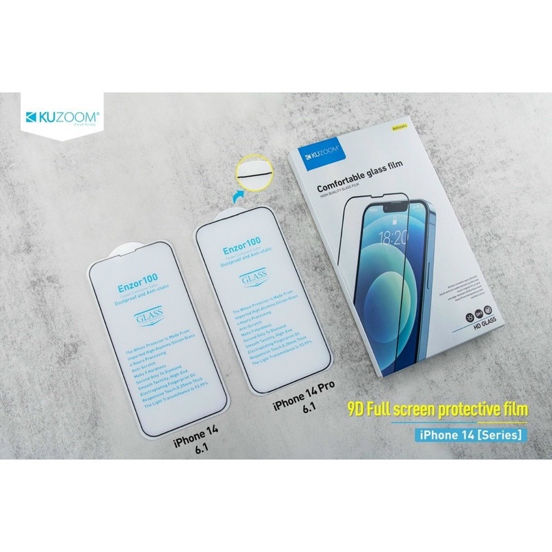 Kính cường lực Kuzoom 9D cho IPhone 14, 14 Pro, 14 Max, 14 Pro Max Full màn hình xịn full Box