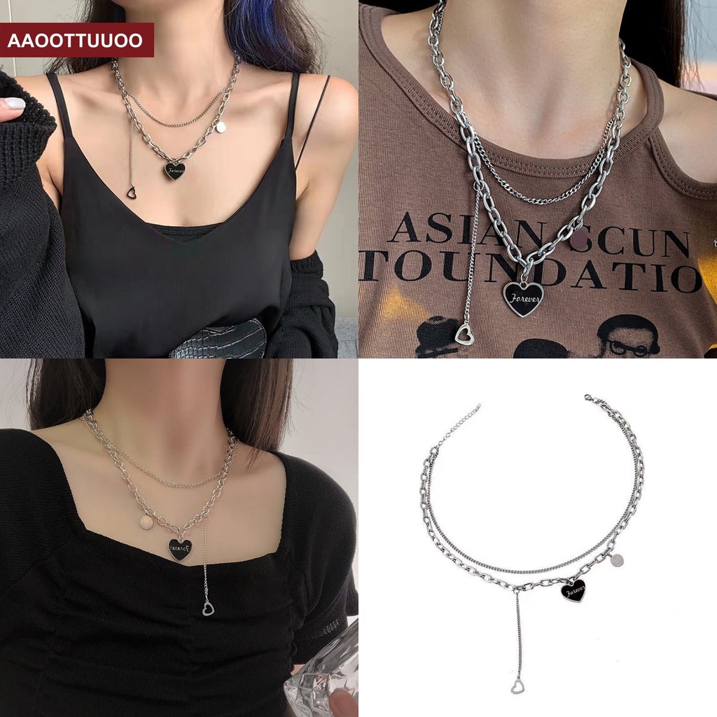 Vòng cổ Hai Lớp Mặt Trái Tim Màu Đen Phong Cách Ins Thời Trang Dành Cho Nữ
