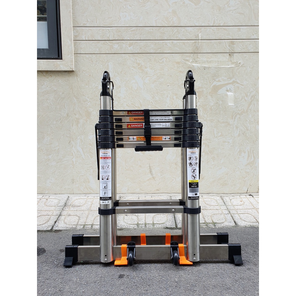 Thang Inox Rút Đôi Nhật Bản Cao 3.2m Duỗi 6.4m Có Bánh Xe DAKITA AI-320 Tải trọng 300kg Bảo hành 2 Năm