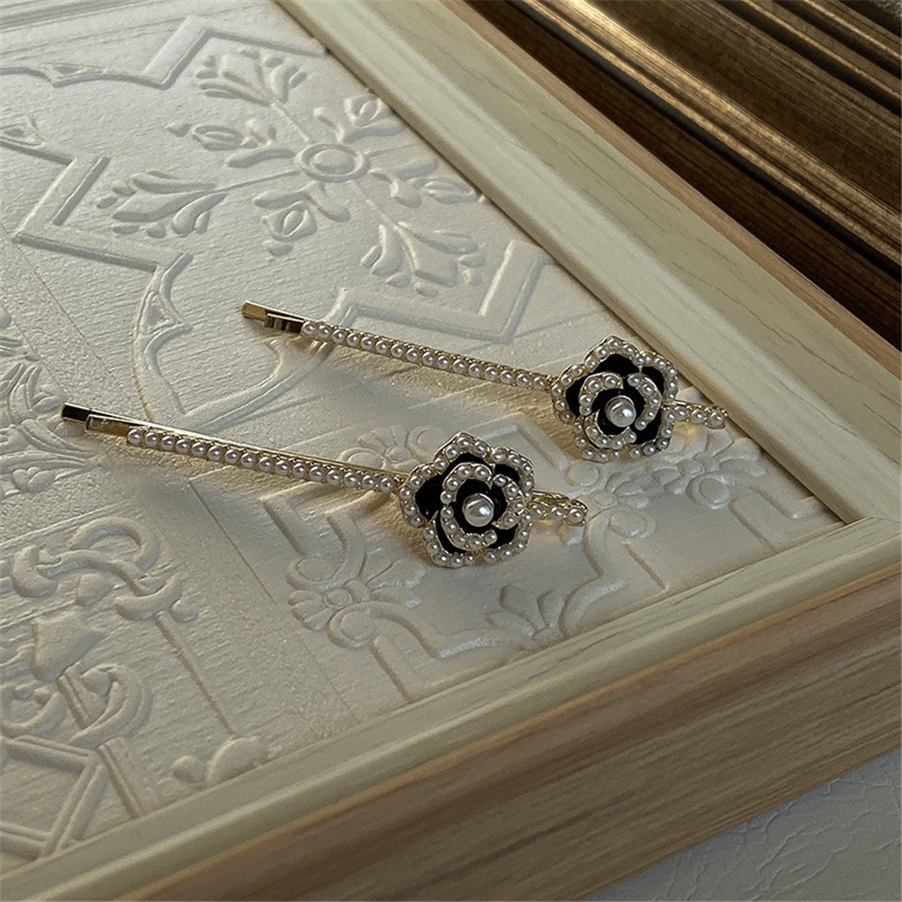 BANGE Kẹp Tóc Hình Hoa Trà Đen Đính Ngọc Trai Thanh Lịch Cho Nữ