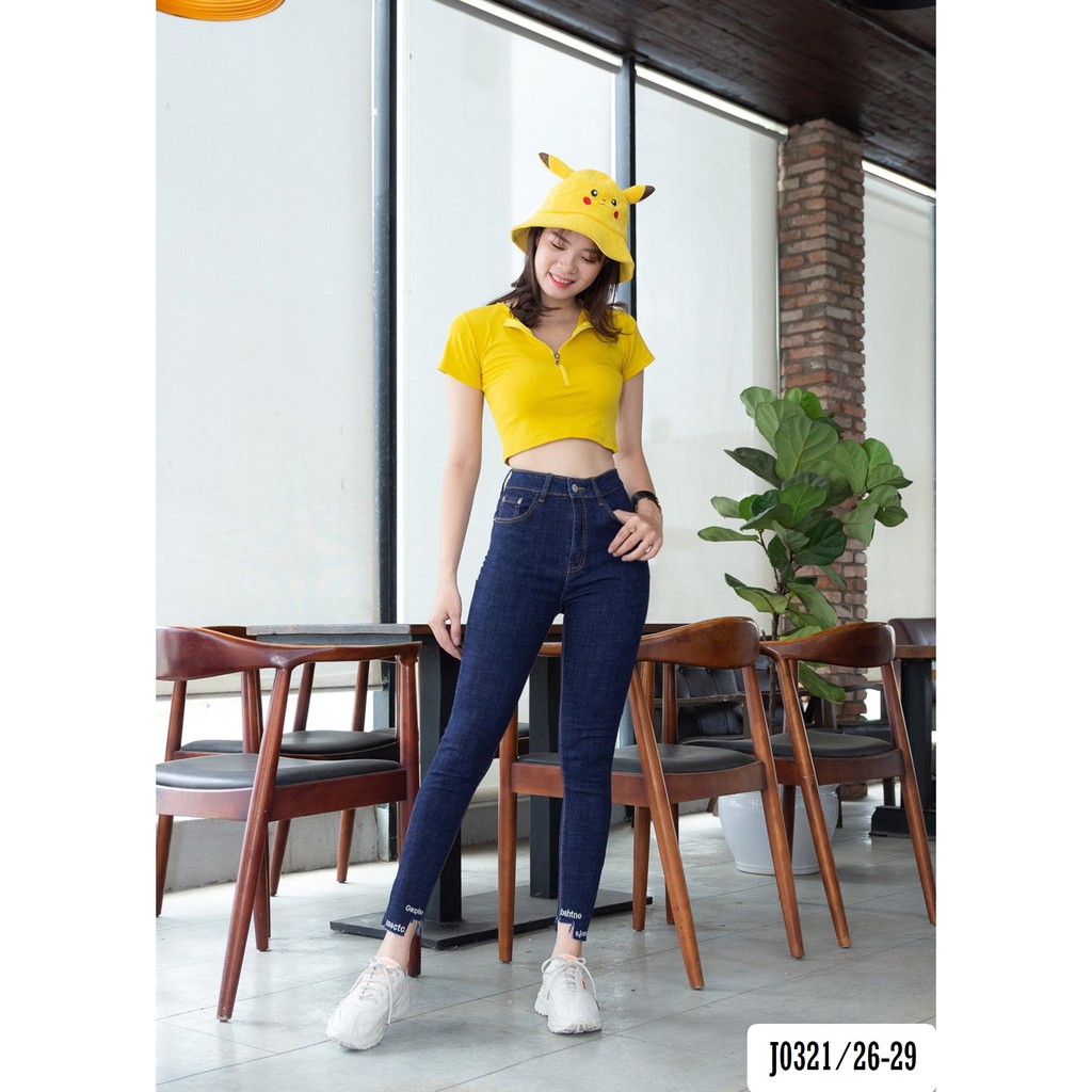 Quần Jean Nữ Skinny Xanh Đậm Lai Thêu Chữ Thời Trang J0321