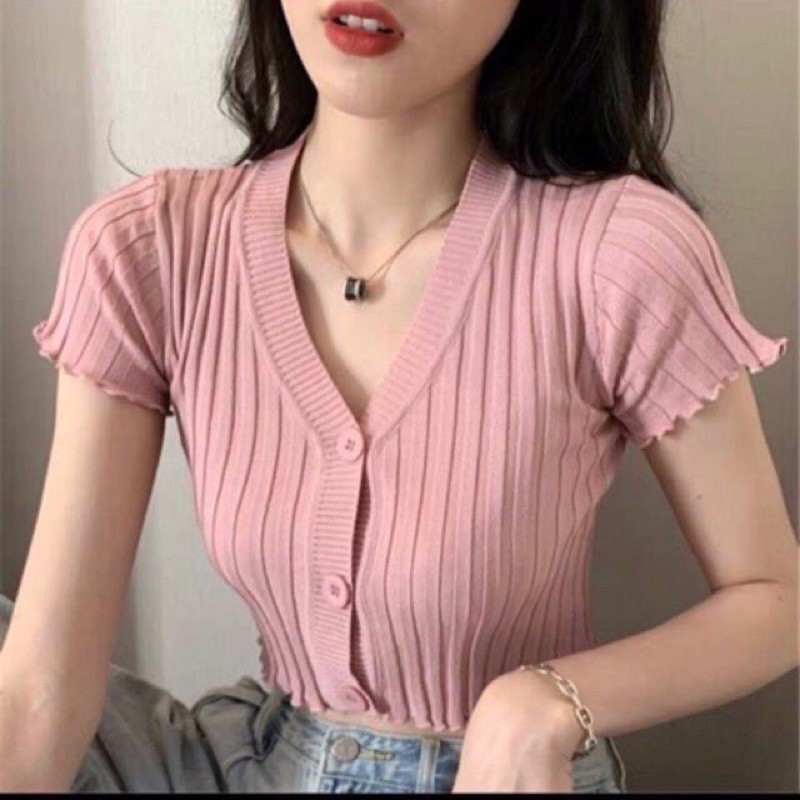 Áo len cộc tay croptop 3 cúc cài hót hit