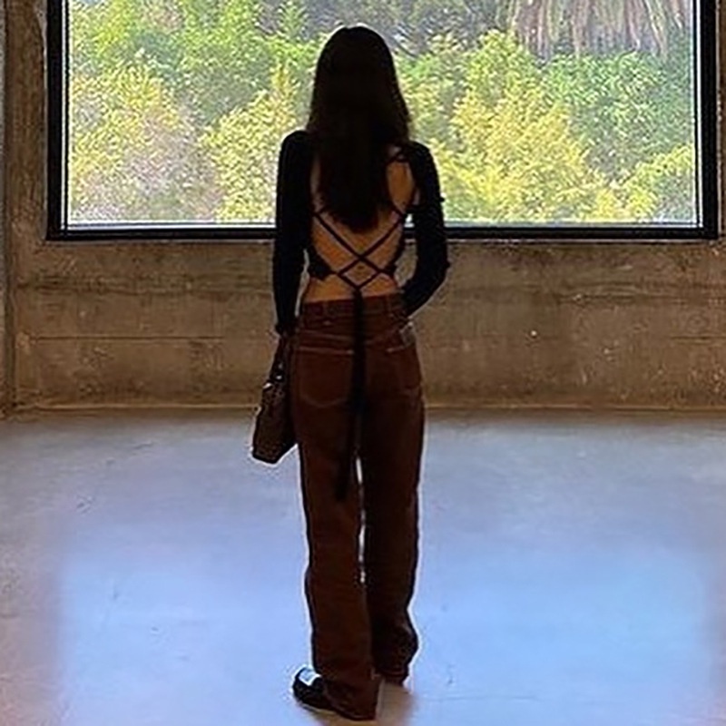 DUNEA Áo kiểu cardigan tay dài cổ chữ V hở lưng thắt dây quyến rũ thời trang dành cho nữ