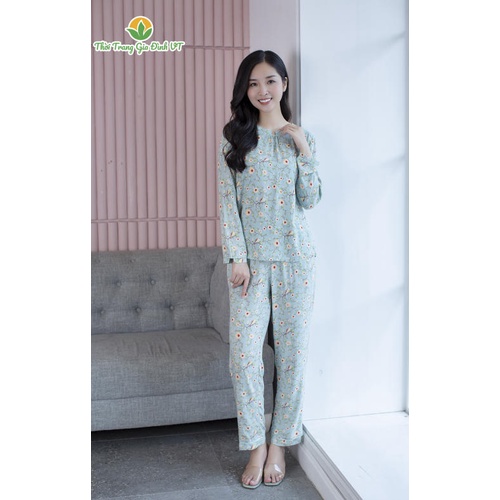 Bộ lanh mặc nhà quần dài áo dài họa tiết nữ B10.2105 - Thời Trang Gia Đình VT