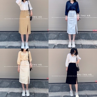 CHÂN VÁY DÀI XẺ CHẤT KAKI THÔ  (VIDEO + ẢNH THẬT) CVDXTK